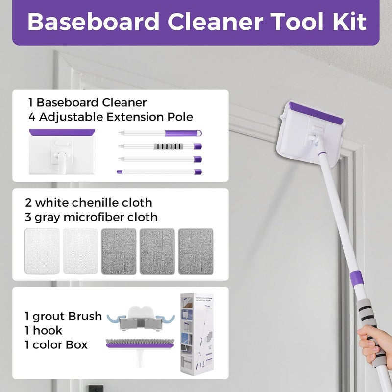 wlich Baseboard Cleaner Tool with Handle 2.0, 60" Extendable Long Handle, Dust Trapping and Locking, 5 Reusable Pads, Purple Base Boards Cleaning Tool for Moldings, Wall, Floor, Bathroom, Kitchen - Image 3